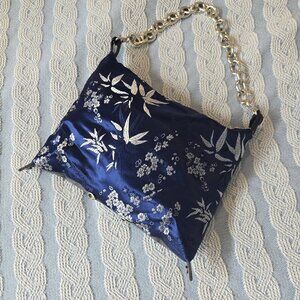 Handcrafted Blue & Silver Silk + Dark Grey Suede Backed 8" x 10" lined handbag
